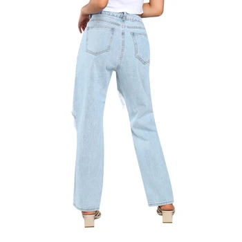 Trendy Kvinde slidte Jeans med Høj Talje Revet Hul Ud i Bukser, Straight-Ben Bukser til Forår Sommer Efterår