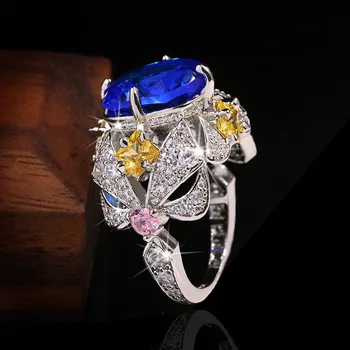 Safir Luksus S925 Sterling Sølv Ringe for Kvinder Trendy Cocktail Ring til Jubilæum Dyr Fox Diamant Sølv Smykker
