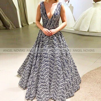 ANGEL NOVIAS Lang Bold Kjole Marineblå V-Halsudskæring Glitter Kjole til Aften i 2021 arabisk Prom Kjoler Party Kjoler