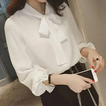 Forår Og Efterår Koreanske Fuld Ærmet Bluse Kvinder Løs Plus Size Bluser Hvid Sløjfe Office-Shirts Elegant Dame Top Vintage