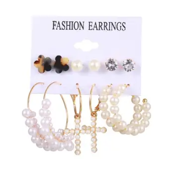 6-delt sæt Europæiske og Amerikanske vintage smykker med gyldne øreringe franske geometriske indlagt perle øreringe til kvinder party