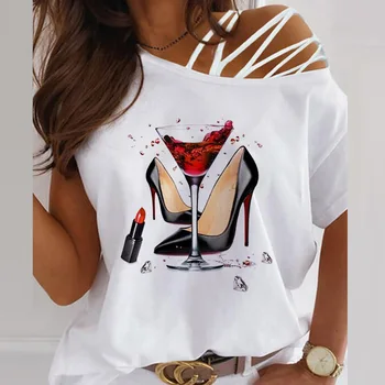 Sommeren Kvinder Bluse Sexet Mode Hule Ud Fra Skulder Shirt 2021 Elegante Sommerfugl Print Casual Kort Ærme Toppe Streetwear