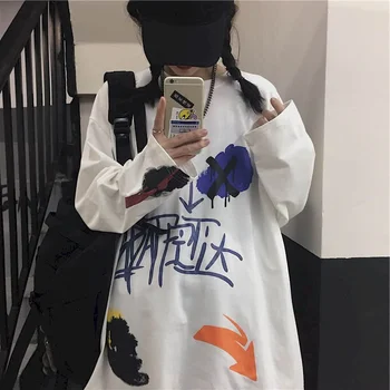 Tshirt par t-shirt Harajuku bf vind hip-hop graffiti brev udskrivning løs langærmet T-shirt kvindelige studerende shirt
