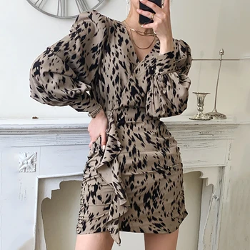 2021 Kvinder Smart Sexy-V-Hals Leopard Trykt Chiffon Mujer Vestidos Kjoler med Bælte Falde Vintage langærmet Kort Mini Kjole