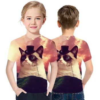 Funny Cat 2021 Sommer T-Shirt i Bomuld Nye Børn Løs 3D-Print-Top Drenge Og Piger' Personlig Casual Sport Short Sleev