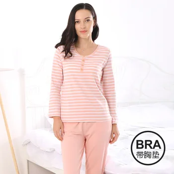 Kvinder Pyjamas Sæt Forår, Efterår Nye Pink/Grå Stribet Langærmet Bomulds Nattøj Passer Til Afslappede Homewear Kvinder Pyjamas