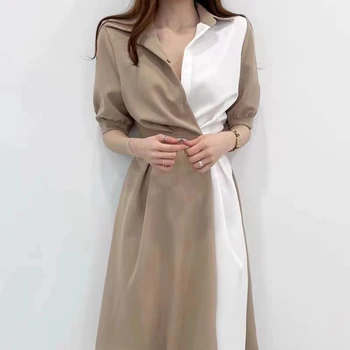Korean Style Sommer Kjole Kontor Dame Lace-Up kortærmet Kjole Kvinder-Knap A-linje Elegante Lange Kjoler Robe Femme Nye 15185