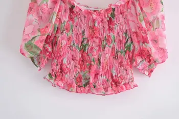 Kvinder Retro Blomster Print Afgrøde Chiffon Skjorte 2021 Sommer Bluse Med Korte Ærmer Smarte Overdele