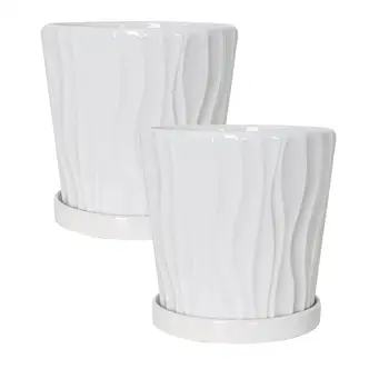 D14cm 2-Stykke Hvid Keramik Urtepotter Med Drænhul Desktop Potteplanter Saftige Pot Balkon Have Urtepotteskjuler Dekoration