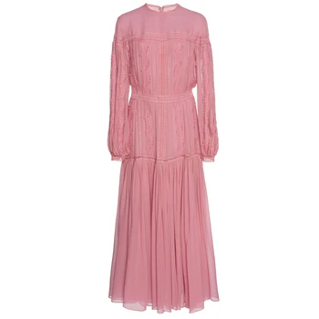 Sommer kjole kvindelige 2021 nye lace pink langærmet folder retro temperament lang chiffon kjole