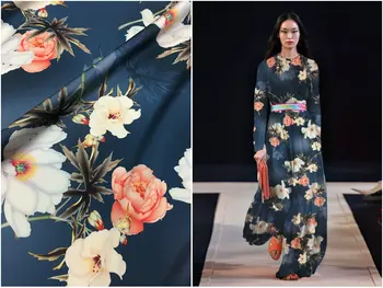 Kinesisk stil lægemiddel blomst udskriver tung silke tøj stof 19mm elastisk silke satin stof til bryllup tøj til kvinder