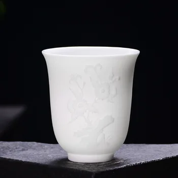 Kina hvid jade relief tekop keramisk kop, high-end husholdningsartikler blomst fire herrer