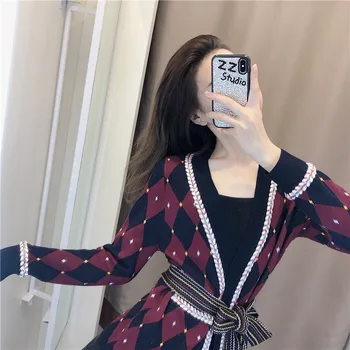 Plaid trøje til kvinder har løs bære falde 2020 ny stil koreanske lange ærmer celebrity stil strikket cardigan pels