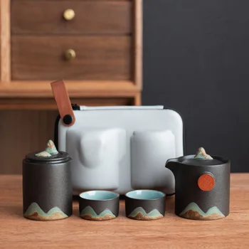 Retro Kinesisk Keramik Te-Ceremoni Sætte Kung Fu Tepotter Med 2 Kopper Mountain Bærbare Teawear Rejse Te Sæt Drinkware Gave Cool