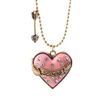 Mode Pink Kærlighed Hjerte Halskæde I Antik Guld Farve Kæde Sød Gave Lang Vintage Halskæde Smykker Tilbehør