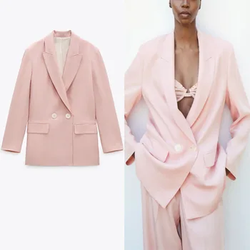 2021 Za Elegant Spring Pink Dobbelt Breasted Blazer Til Kvinder Med Lange Ærmer Kontor Dame Blazere Pels Kvinde Flap Lommer Overtøj Top