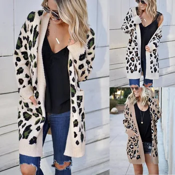 Kvinders Cardigan Sweater Mode 2020 Efteråret Oversize Lang Leopard, der er Beskåret, Cardigans Vinter Strik striktrøjer til Kvinder