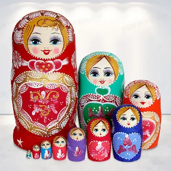 10 Stk/SÆT Træ-russiske Nesting Dukker Rusland Traditionelle Babushka Dukker Fødselsdag Julegave Legetøj til Piger