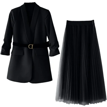 2021 Plus Størrelse kvinde ' s Suit Blazer Kjole Lang Jakke Mesh Kjoler, To-delt Sæt Med Bælte Elegante Kvinder Vinter Frakke Kjole Sæt