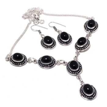Black Onyx Necklace + Smykker Sæt Sølv Overlay over Kobber , 48.1 cm, N4357