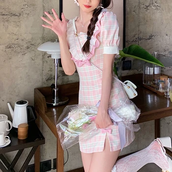 Årgang Mini-Pink Plaid Kjole Kvinder Afslappet Slank Birthday Party Dress Femme Sommeren Koreanske Et Stykke Smarte Patchwork Designer Kjole