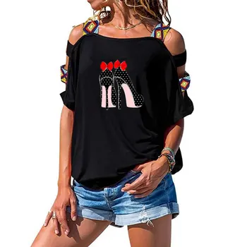 Sommeren Personlighed Krop Høje Hæle Bånd Sexet Pige Print T-shirt Fashion Kvinder Bomuld kortærmet T-Shirt Sexet Hule Ud Sho