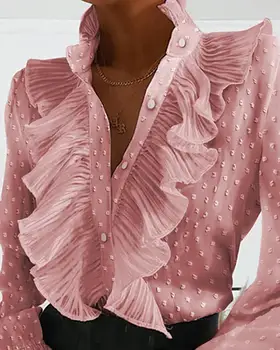 Elegante Kvinder Bluse Shirts Demin Kontor Damer Toppe 2021 Afslappet Langærmet Revers Hals Part Shirts Plus Size Kvinder'Tunic