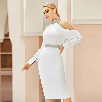 Gratis Shipping Engros 2021 Kvinders Hvid Kjole med Lange Ærmer Stram Stretch Mode Kendte Cocktail Party Bandage Dress