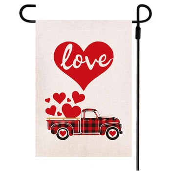 Eco Have Flag til Valentine ' s Dag Dobbeltsidet Buffalo Plaid Rød Lastbil med Kærlighed Hjerte Jute Værftet Flag 12,5 x 18 Tommer ds99