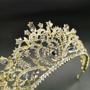 Krystal Brude Tiaras Dronning Kroner Kvinder Guld Rhinestone Royal Barok Festspil Diadem Vintage Bryllup Hår Tilbehør Smykker