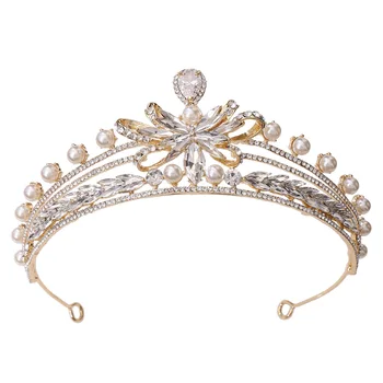 Bryllup Hovedbeklædning Crown Håndlavede Hår Tilbehør Rhinestone Perle Legering Bue Bridal Crown Tilbehør Guld Plating Tiaras Crown