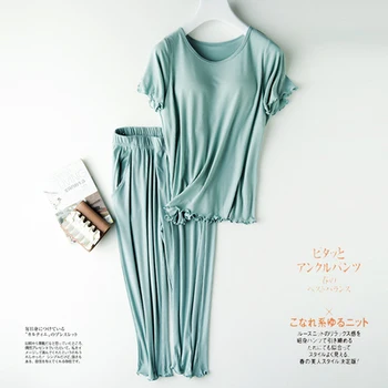 Japansk-stil Tynd Bomuld Pyjamas Kvinder er Sommeren Kort-langærmet Beskåret Bukser, der Passer med Bryst Pad Cup Casual Strække Løs Hjem