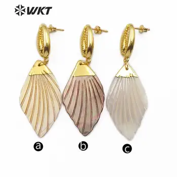 WT-E573 Naturlige Shell Øreringe bladform Med Guld Galvaniseret Cowrie Shell Stud Øreringe Mode Kvinde Sea Shell Smykker