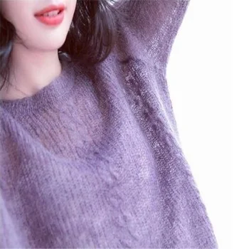 Vintage Lange Ærmer Strikket Sweater Tynd Rund Hals Foråret Søde Top Hule Ud Koreanske Smarte Streetwear Alle-Match Strik Y64