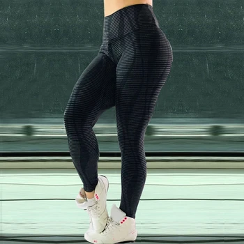Fashion Kvinder 3D Striber Åndbar Fitness Leggings med Høj Talje Sport Leggings Femme Push Up Elastisk Slim Leggings