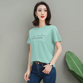 Koreanske Version 2021 Nye T-Shirt til Kvinder kortærmet Løs Bomuld Alsidig Bunden Udskrivning af Store Pige Sommer Top