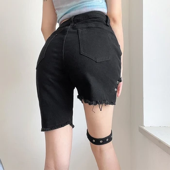 Kvinder Goth Punk Høj Talje Denim Shorts Sexet Udskæring Asymmetrisk Jeans Harajuku Retstrik Kæde Flossede Søm I Korte Bukser