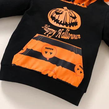 Toddler Børn Drenge Piger Halloween To-delt Sæt Tøj med Lange Ærmer Græskar Print Lomme Hooded Pullover og Bukser Outfit