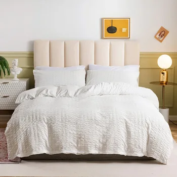 Nordisk Enkelthed dronning sengetøj sæt luksus Solid farve seersucker cover sæt til senge Enkelt dobbelt dynebetræk boligtekstiler