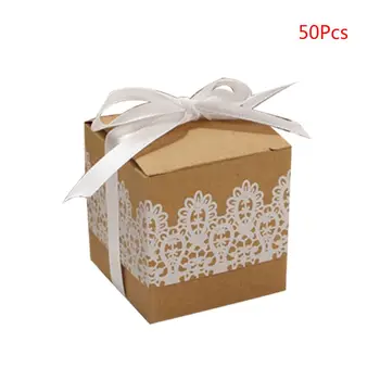 50stk/pak Kraftpapir Candy Box Dejlige Dekorative Sød Pakning af Kasser med Bånd og Blonder Bryllup Slik Emballage