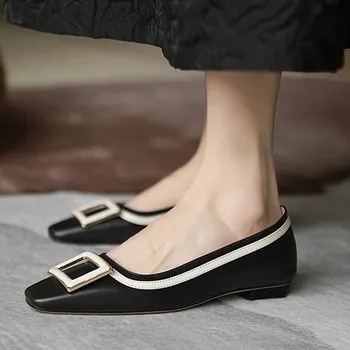 EGONERY ægte læder kvinde pumper lave hæle spring ny stil firkantet tå blandet farve fritid fodtøj god kvalitet sko