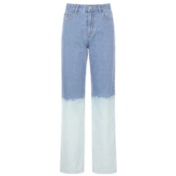 Casual Straight Jeans Kvinder ' s Høj Talje Bukser 2021 Fashion Streetwear Blå Og Hvid Farve Blok Kvinders Mode Jeans Til Pige