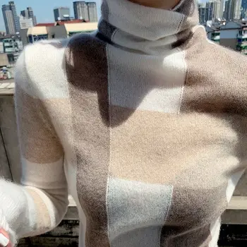 2021 efterår og vinter nye cashmere sweater kvinder high neck pullover, Slank farve matchende strikket cropped toppe Uld sweater
