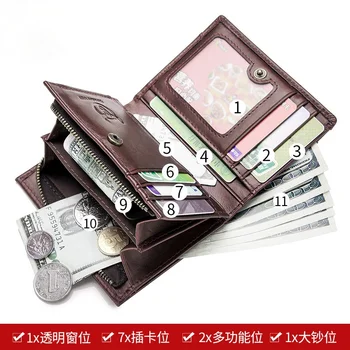 Mænds læder tegnebog kort, lodret lodret multi-funktion aftagelig mønt pung med mønt, clips business casual