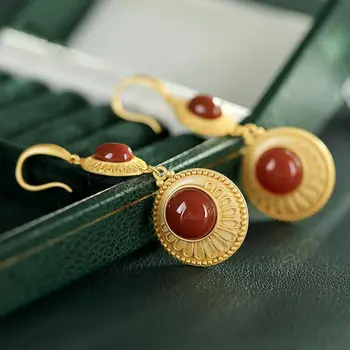 Designer nye originale gamle guld håndværk indlagt sydlige rød jade elegante øreringe mænds smykker