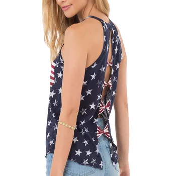 American Independence Day T-shirt uden ærmer femtakket stjerne print tilbage bue vest slynge tee