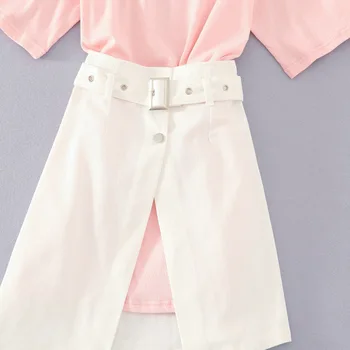 2021 Sommeren Nye To-delt Sæt Kvinder Bomuld Pink Brev Lang T-Shirt Kjole + Bælte Uregelmæssige En-linje-Knappen Split Nederdel Sæt Passer til