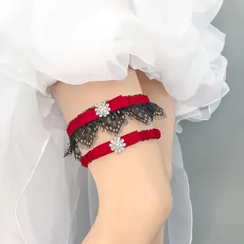 Elegant Kvinde Bryllup Strømpebånd Sexet Strømpebånd Bælte Rhinestone Rød Plus Size Sort Blonde Strømpebånd Bælte til Bruden Bryllup Ben Bælte