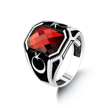 Silver Oval Facetslebet Red Zircon Sten Ring tyrkiske Mænd, Smykker, Moon-Stjerne Motiv Ring 925k Sølv