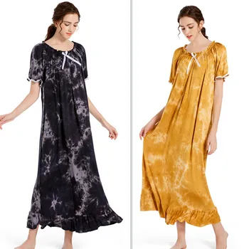 Sommeren Modal Korte Ærmer Blød Løs Nightgowns koreanske Tie-farvet Prinsesse Lang Nightdress Sexet Vintage Tøj Hjem 2021